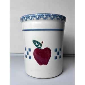 VTG Chaparral Pottery USA Utensil Crock Apple Spongeware Blue Rim Hand Painted